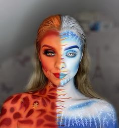 Fire And Ice Makeup Halloween, Elements Makeup Air, Fire And Water Makeup, Fire And Ice Makeup, Fire Element Makeup, Ice Themed Makeup, Ice Makeup, Fire Vs Water, Ice Hair