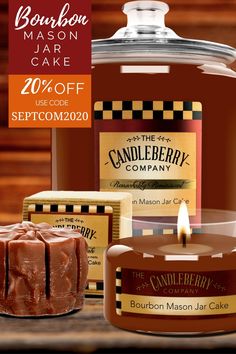 a candle and some cakes on a table with the words bourbon mason jar cake 20 % off