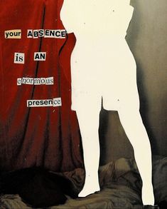 an altered photograph of a person standing in front of a red curtain with the words your presence is an enormous presence