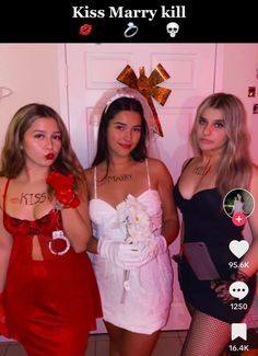 three women dressed up in red and black posing for a photo with the caption kiss mary kill