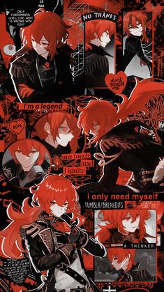 an anime character with red hair and black clothes is surrounded by images of other characters