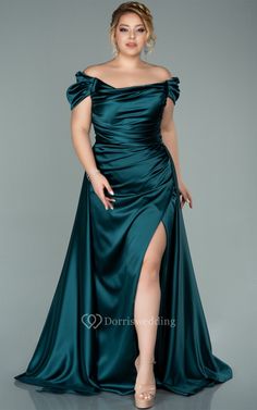 A Line Romantic Plus Size Satin Prom Dress with Split Front - Dorris Wedding Plus Size Gala Dress, Prom Dress With Split, Dress With Ruching, Dress With Split, Prom Dress Plus Size, Plus Size Gowns, Plus Size Prom