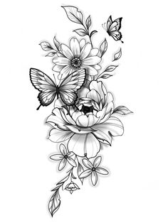 a black and white drawing of flowers with butterflies