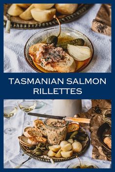 there are two plates with food on them and the words tasmanian salmon rillets