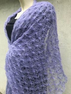 Lavender hand knitted lace scarf made of fine yarn (75% kid mohair and 25% silk). This scarf is very lightweight. It will be great with your beautiful evening dress or any everyday outfit. The measurements of the scarf is approx.  31.4x78.7 in (80x200cm)  The weight is  3.45oz (98g) Care tips: The scarf should washed by hands in warm (30 degrees C). Note: Shade of colors may vary on your monitor. Thank you for visiting my shop! Handmade Purple Shawl For Winter, Handmade Purple Winter Shawl, Handmade Mohair Shawl Scarf, Evening Wrap, Evening Wraps, Beautiful Evening Dresses, Knitted Lace, Lace Scarf, Beautiful Evening