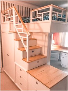 there is a loft bed with stairs in the room