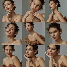 many different pictures of a woman posing with her hands on her chin and looking at the camera