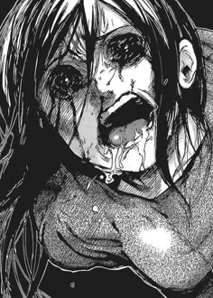 a black and white drawing of a woman with her face covered in blood, looking at the camera