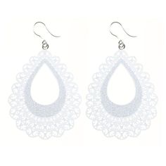 Our eye-catching Large Lace Teardrop Earrings (Dangles) give a unique and elegant touch, perfect for any special occasion or everyday look. Lightweight, hypoallergenic, and made with plastic hooks, these earrings provide comfort and won't irritate sensitive ears. Get the perfect look, without the weight! Earring length: 78mm Elegant White Teardrop Earrings For Gift, White Drop Hoop Earrings, White Teardrop Pendant Jewelry For Party, White Teardrop Pendant For Party, Elegant White Pierced Teardrop Earrings, Elegant White Teardrop Pierced Earrings, White Drop Hoop Earrings For Pierced Ears, Teardrop Pendant Chandelier Earrings As Gift, White Pierced Chandelier Earrings For Party