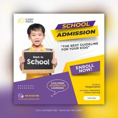 an advertisement for school with a young boy holding a sign