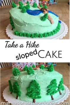 two cakes with green frosting and trees on them