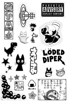 an assortment of stickers and decals on a white background with japanese characters in black and white