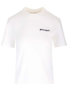 White t-shirt from Palm Angels in cotton, black logo printed on one side of the chest, short sleeves, crew neck. Versace Designer, Best Wallet, Palm Angels, Urban Chic, Cool Socks, Shirt Skirt, Black Logo, White Shop, Dress Codes