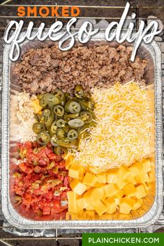 a tray filled with different types of food and the words smoked quesadillas on it