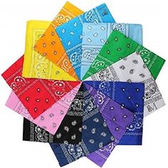 six different colored bandannas are arranged in a circle