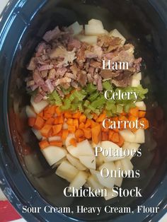 the ingredients for this meal include carrots, potatoes and ham