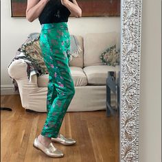 Absolutely Adorable Free People Satin Pants Green With Pink Flowers New Without Tags Size 4. High Waist Approximately 14 Inches Flat Inseam Approximately 26 Inches Green Fitted Ankle-length Pants, Fitted Green Ankle-length Pants, Fitted Ankle-length Green Pants, Green Fitted Bottoms With Tapered Leg, Green Fitted Tapered Leg Bottoms, Pants Green, Satin Pants, Free People Pants, Pink Flowers