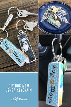 the keychain is decorated with dog tags and personalized pictures, along with other items