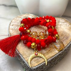 Multi-Layered Stretch Bracelets Sets Red 3pc Bracelets Sets, Dog Charm Bracelet, Bracelets Crystal, Colorful Bangles, Beaded Memory Wire Bracelets, Beaded Memory Wire, Cluster Bracelets, Adjustable Bangle Bracelet, Rose Gold Quartz