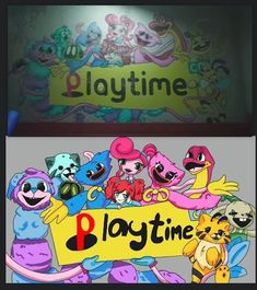 there are many cartoon characters holding a playtime sign in front of the television screen