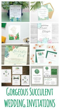 an assortment of wedding stationery with flowers and greenery