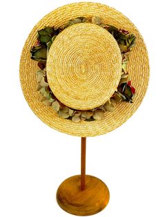 Romantic and elegant vintage style boater straw hat adorned with a composition of quality fabric flowers in shades of green and purple, attached to a 50 millimeter grosgrain ribbon. Made with 8/9 millimeters natural straw braid. Measurements in centimeters are 34 x 32. Crown height 9. Brim length 7. These measurements may have some slight variation depending on the size of the hat. For its elaboration we only use very good quality and resistant straw braids. In our workshop in the Pyrenees we se Retro Adjustable Top Hat For Summer, Vintage Flat Brim Straw Hat For Country Events, Vintage Handmade Straw Hat With Short Brim, Handmade Vintage Hat Bands For Kentucky Derby, Handmade Vintage Straw Hat With Adjustable Fit, Vintage Handmade Adjustable Straw Hat, Handmade Vintage Wide Brim Straw Hat, Vintage Adjustable Handmade Straw Hat, Handmade Adjustable Vintage Straw Hat