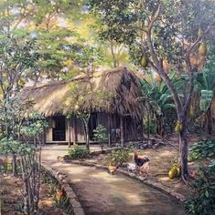 a painting of chickens in front of a hut with thatched roof and palm trees