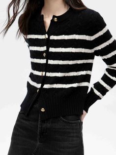 MO&Co. Women's Cable Texture Striped Cardigan Introducing the cardigan, a luxurious blend of warm wool and cashmere fabrics. This timeless staple features a black and white striped pattern and the fitted silhouette further celebrates the sophistication of this stylish piece. Features : - Warmth and comfort wool and cashmere fabric- Classic black and white striped- Cropped and slim fit Code: MBC4CART07The back length of size S is 50.5cmMATERIALS & CARE Material: 70% Wool 30% CashmereWrap metal pa Classic Striped Winter Cardigan, Striped Cashmere Winter Sweater, Winter Striped Cashmere Sweater, Striped Cashmere Sweater For Winter, Elegant Striped Winter Sweater, Classic Striped Sweater For Work, Classic Striped Winter Outerwear, Striped Fitted Cardigan For Winter, Fitted Striped Cardigan For Winter