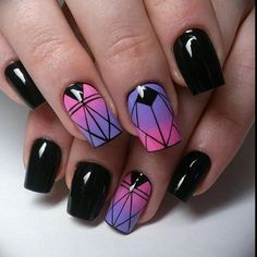 Black And Pink Nails, Nails Black And White, Shiny Nails Designs, Purple Acrylic Nails, Black Acrylic Nails, Short Acrylic, Black Nail Designs, Super Nails, Nails Black