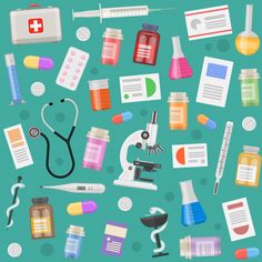 various medical items are arranged on a blue background