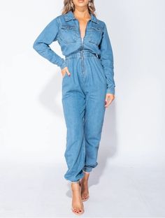 Casual Denim Zip Jean Jumpsuit Overalls – La Boutique Dacula Denim Jumpsuits For Women, Jeans Jumpsuits For Women, Long Sleeve Denim Jumpsuit, Cool Fashion Style, Jean Jumpsuit, Jumpsuit Overalls, Denim Jumpsuits, Denim Playsuit, Elastic Skirt