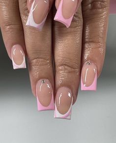 Pink Medium French Tip Nails, Square Acrylic Nails Yellow, Short Square Acrylic Nails Yellow, Short Nail Pink French Tip, Neon French Tip Nails Short, Unique Pink French Tip Nails, Thick Pink French Tip Nails, French Tip Nails Short Square, Pink On Pink French Nails