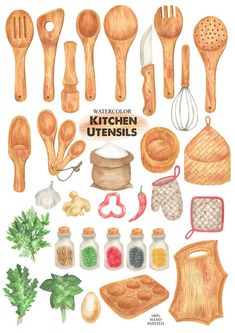 a bunch of kitchen utensils are shown in this drawing