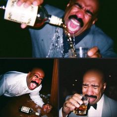 three pictures of a man drinking from a bottle and laughing at the camera with his mouth open