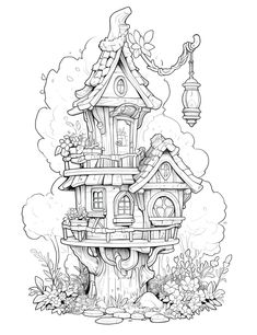 a drawing of a tree house with lots of trees and flowers around it, in the middle