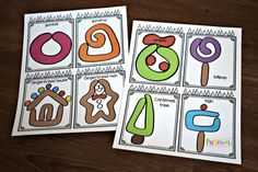 two printable cards with different shapes and numbers for the letter o, on a wooden table