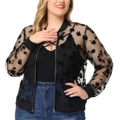 ABOUT US: A plus-size brand inspired by the need of its customers. We hope our clothing can match you on various occasions, by the proper tailoring to show your perfect curve and the comfortable fabrics that enable you a pleasant experience. This relaxed-fit jacket is crafted in elegant floral lace. Consider something a little more unconventional like this lace bomber jacket. Black Lace Long Sleeve Outerwear, Casual Lace Outerwear With Long Sleeves, Plus Size Fashionista, Jackets Black, Long Sleeve Fashion, Plus Size Brands, Plus Size Halloween, Spring Fashion Outfits, Lace Long Sleeve