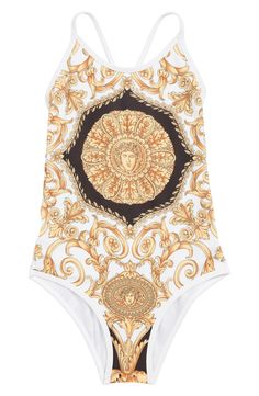 Versace Baroque, Kids Swimsuit, Versace Kids, Baroque Print, Gold Baroque, Swimsuit Design, Costume Intero, Striped Swimsuit, White Swimsuit