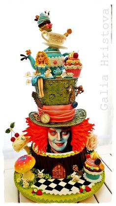 an image of a man with clown makeup on top of a cake in the shape of a hat