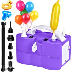 a purple cooler with balloons attached to it and other items surrounding it on a white background