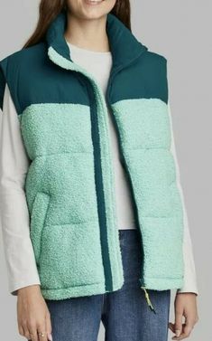 Women's Wild Fable Oversized Puffer Vest Green/Mint Zipper Size Large. Oversized Puffer Vest, Winter Puffer Vest, Puffer Vest Jacket, Green Color Block, Puff Vest, Oversized Puffer, Womens Puffer Vest, Long Puffer, Fleece Vest