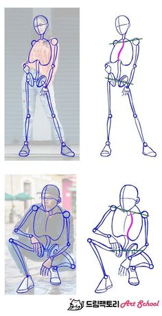 an animation character is shown in three different poses, including the legs and arms as well as the head