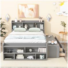 a bedroom with a bed, nightstands and shelves