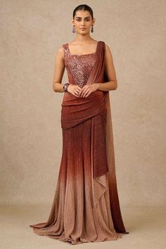 Corset Saree, Saree With Corset, Concept Saree, Brown Corset, Fancy Sarees Party Wear, Saree Gown, Crinkle Fabric, Tarun Tahiliani, Ethnic Outfits