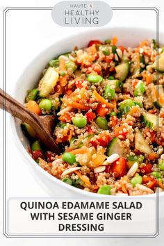 quinoa edamae salad with sesame ginger dressing in a white serving bowl