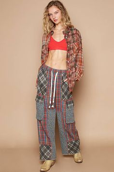 Designed in wide legs, elastic waist with drawstring, cargo pockets, exposed seam details throughout, contrast plaid patterns, color blocked pants. Specs/Dimensions: - WAIST: 13" (stretchable) - RISE: 12-1/2" (includes waist band) - INSEAM: 28-1/2" Colorblock Pants, Pockets Pants, Top Graphic Tees, Wide Legs, Pocket Pants, Waist Band, Plaid Pattern, Color Block, Elastic Waist