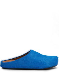 royal blue calf hair round toe slip-on style branded leather insole flat rubber sole Luxury Blue Mules, Luxury Blue Leather Mules, Blue Slip-on Slippers With Rubber Sole, Blue Slip-on Mules With Cushioned Footbed, Modern Blue Slip-on Mules, Blue Cushioned Slip-on Mules, Blue Slip-on Slippers With Round Toe, Blue Slip-on Mules With Leather Sole, Blue Leather Sole Slip-on Mules