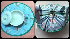 two pictures one has a tea pot and the other has a cloth cover with flowers on it