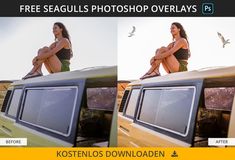 two pictures of a woman sitting on top of a truck with birds in the background