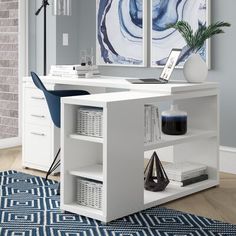 a white desk sitting on top of a blue rug